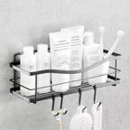 Premium Shower Caddy - Self Adhesive Shower Shelf with 4 Hooks - No Drill Large Capacity Stainless Steel Rack - Aesthetic Organizer for Bathroom Wall Decor - Matte Black
