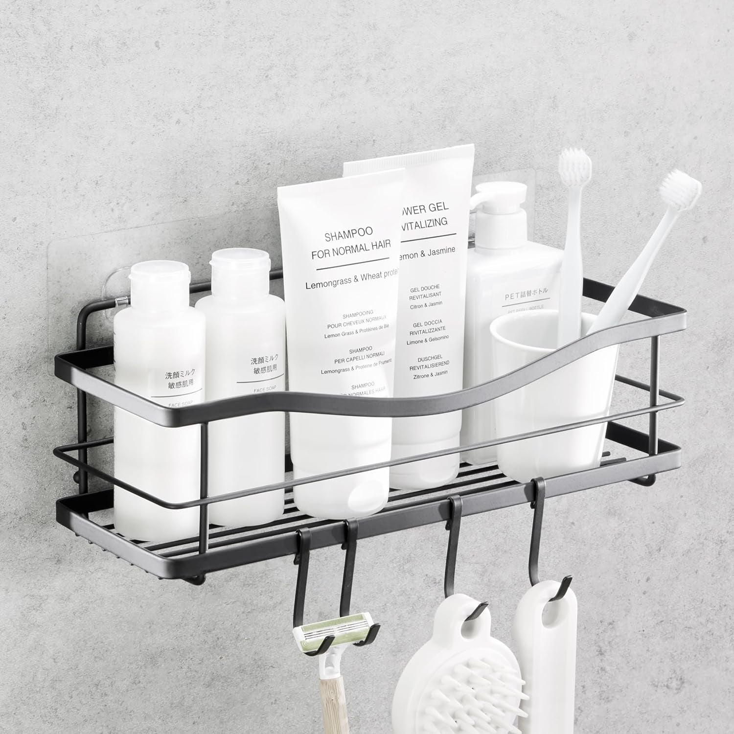Premium Shower Caddy - Self Adhesive Shower Shelf with 4 Hooks - No Drill Large Capacity Stainless Steel Rack - Aesthetic Organizer for Bathroom Wall Decor - Matte Black