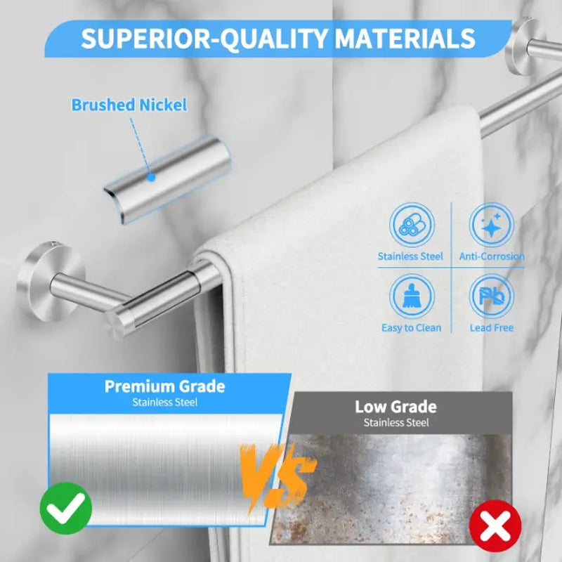 PHANCIR 7 Pcs Hardware Set for Bathroom, Stainless Steel Accessories, Includes 24" Towel Bar, Toilet Paper Holder, Towel Ring, Robe Hooks, Wall Mounted Bathroom Towel Rack Set, Nickel-Silver