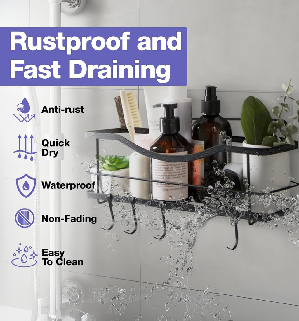 Premium Shower Caddy - Self Adhesive Shower Shelf with 4 Hooks - No Drill Large Capacity Stainless Steel Rack - Aesthetic Organizer for Bathroom Wall Decor - Matte Black
