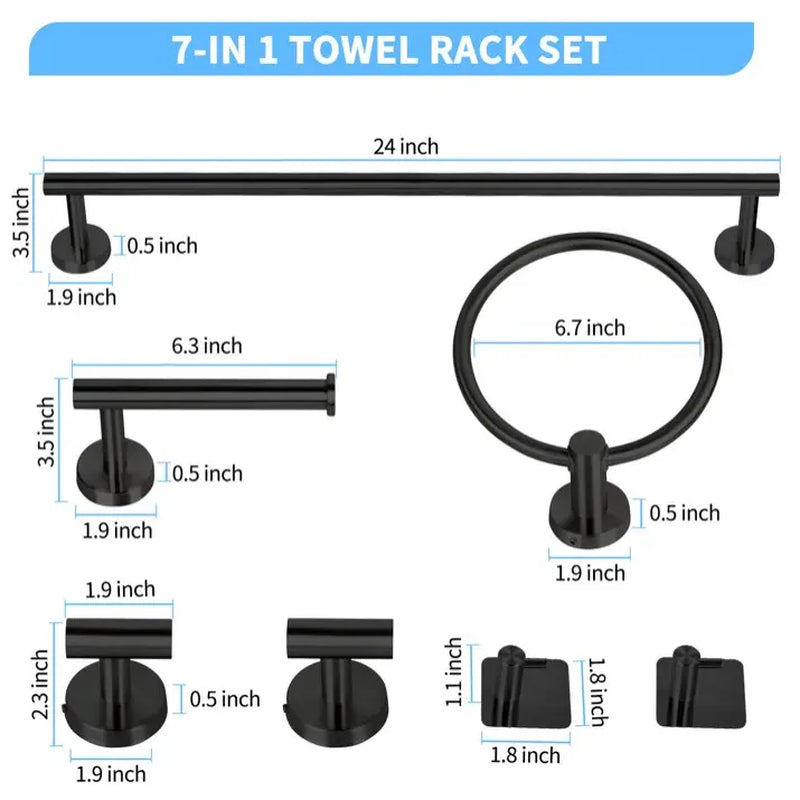 PHANCIR 7 Pcs Hardware Set for Bathroom, Stainless Steel Accessories, Includes 24" Towel Bar, Toilet Paper Holder, Towel Ring, Robe Hooks, Wall Mounted Bathroom Towel Rack Set, Nickel-Silver