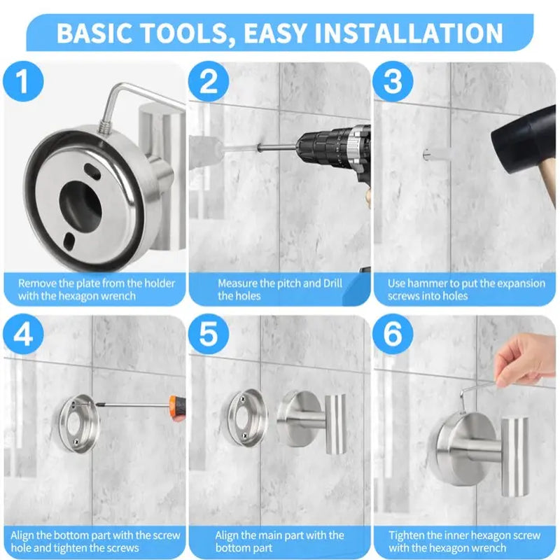 PHANCIR 7 Pcs Hardware Set for Bathroom, Stainless Steel Accessories, Includes 24" Towel Bar, Toilet Paper Holder, Towel Ring, Robe Hooks, Wall Mounted Bathroom Towel Rack Set, Nickel-Silver